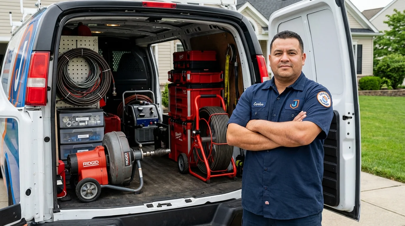 Professional drain cleaning equipment and Johns Plumbing LLC plumber in Cayuga