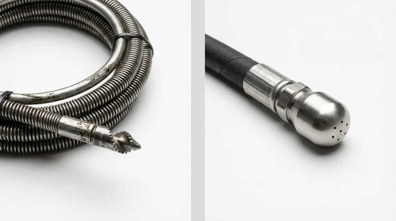 Drain snake cable and hydro jetting nozzle used for drain cleaning in Cayuga, IN