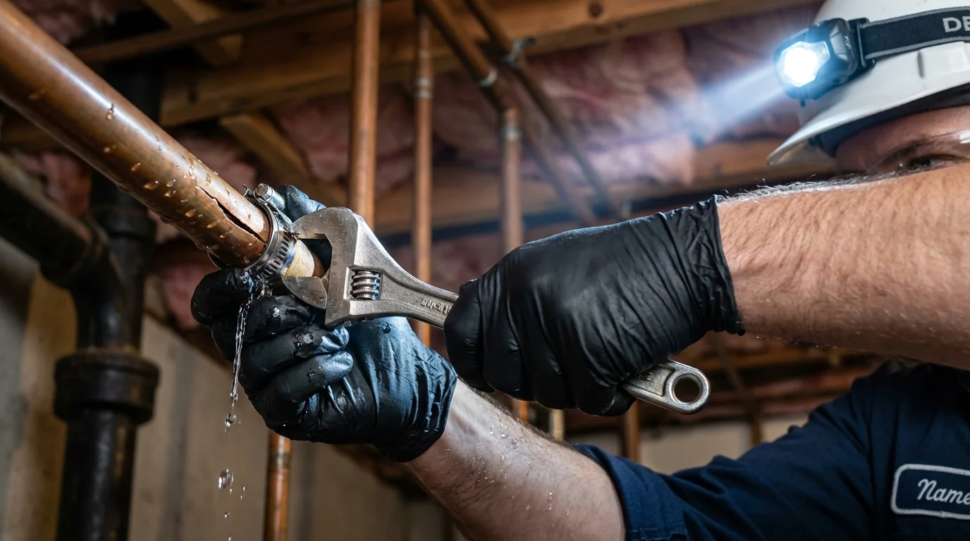 Emergency pipe clamp repair being performed by a Johns Plumbing LLC plumber in Cayuga