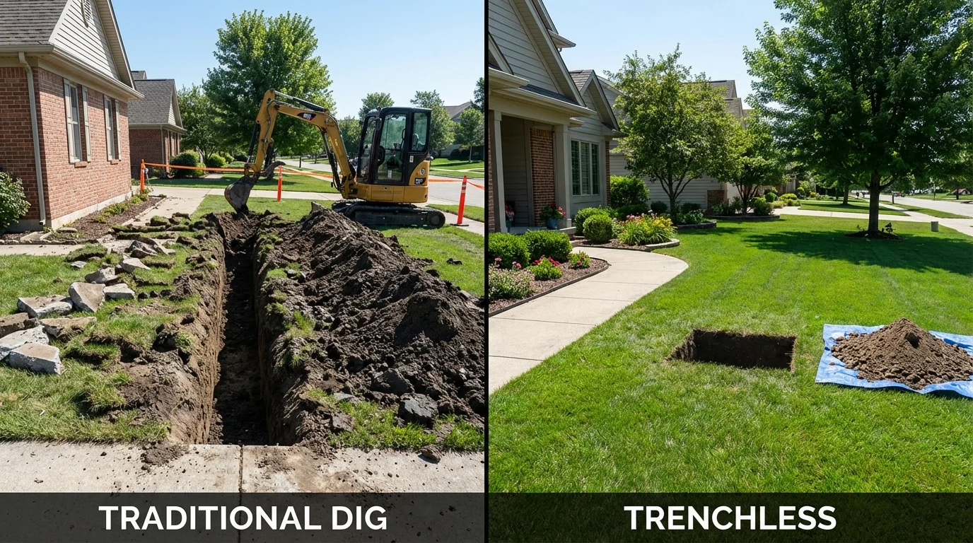 Trenchless sewer repair with minimal yard damage versus traditional excavation in Cayuga, IN