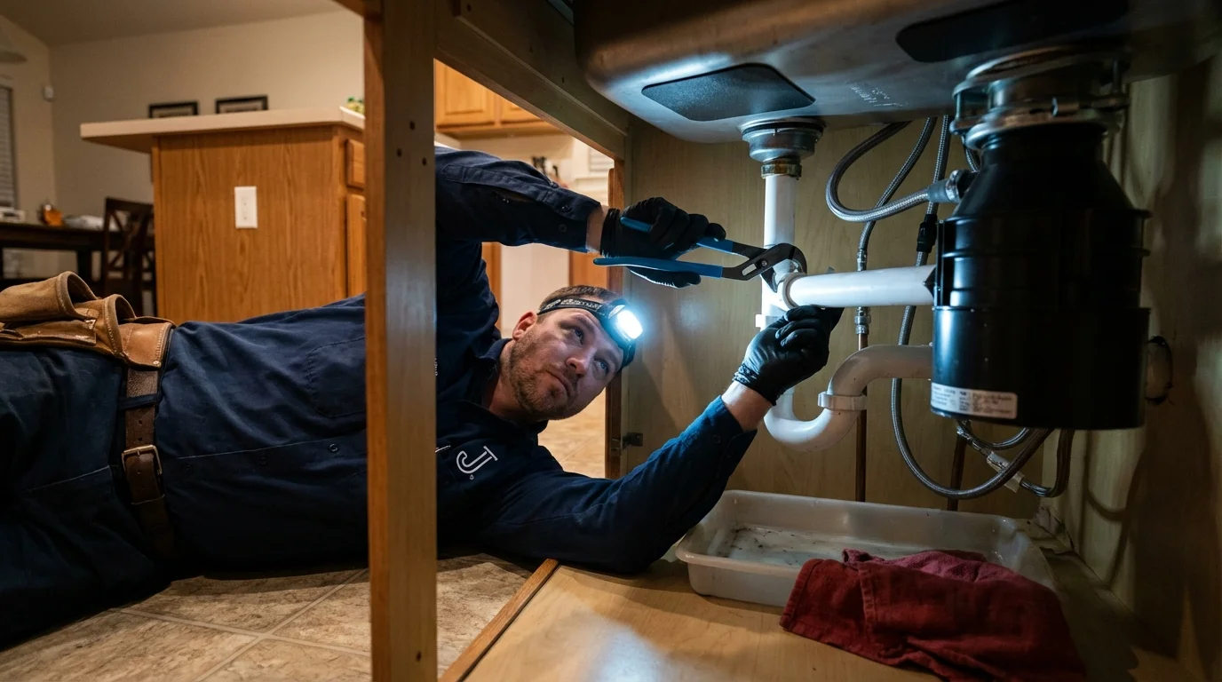 P-trap and supply line connections under a kitchen sink showing a common leak point in Cayuga, IN